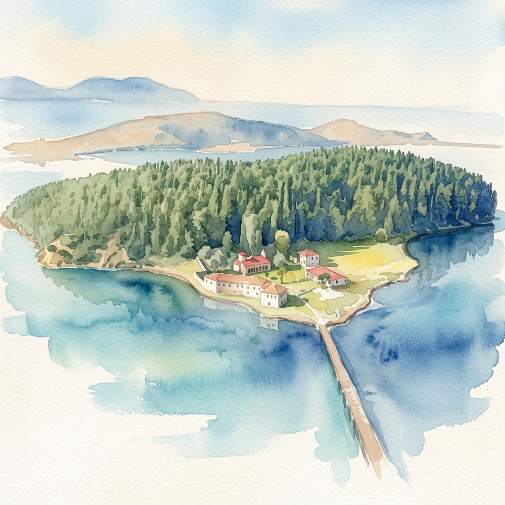 Watercolor illustration of the Vlorë island monastery