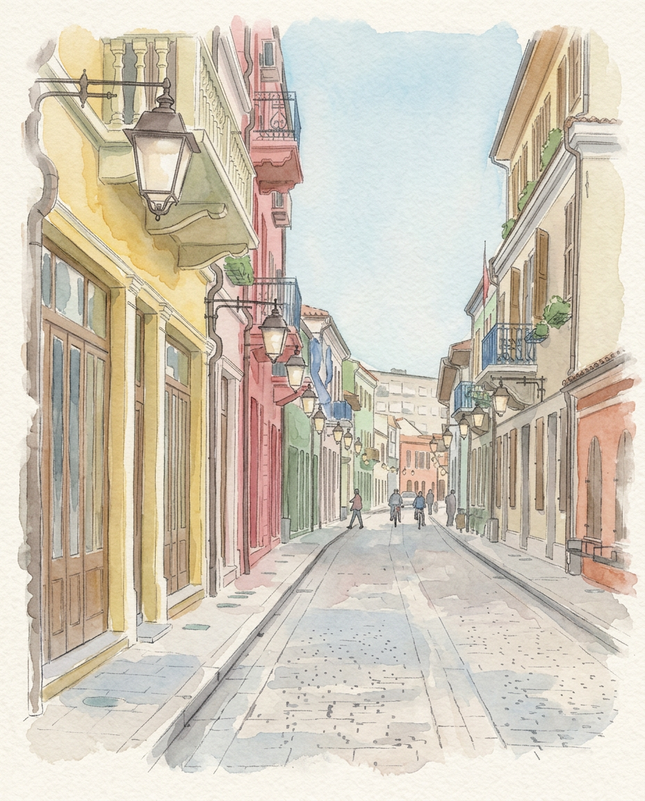 Watercolor illustration of Rruga Muradie in the old town of Vlorë