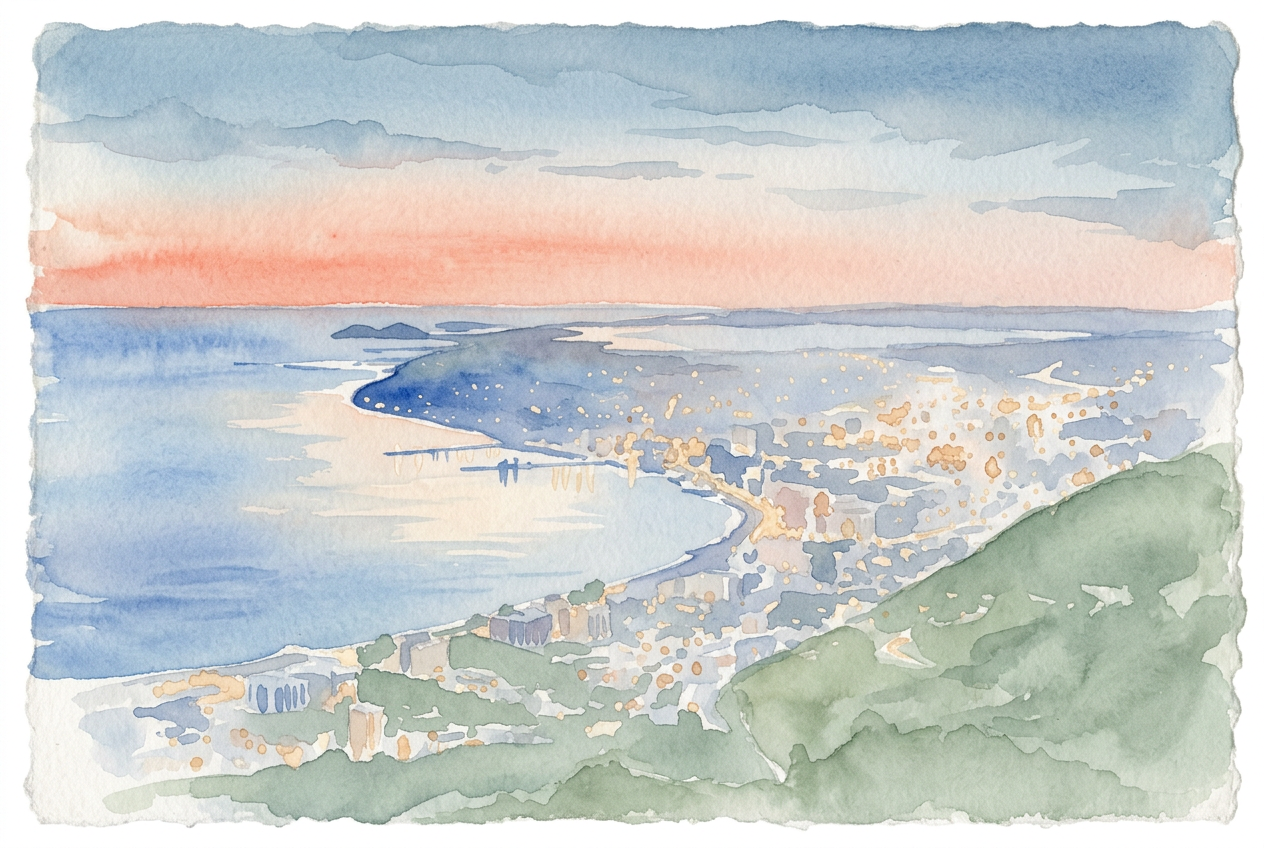 Watercolor illustration of Vlorë at sunset